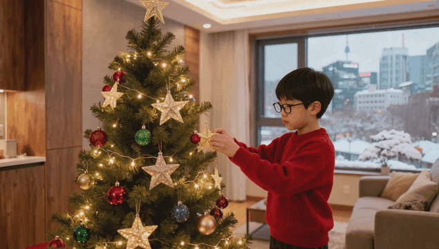 집에서 크리스마스 트리를 장식하는 아이