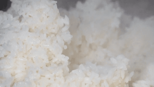 김이 나는 흰 쌀밥이 요리되는 모습