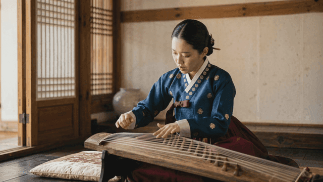 Woman playing gayageum in Hanok