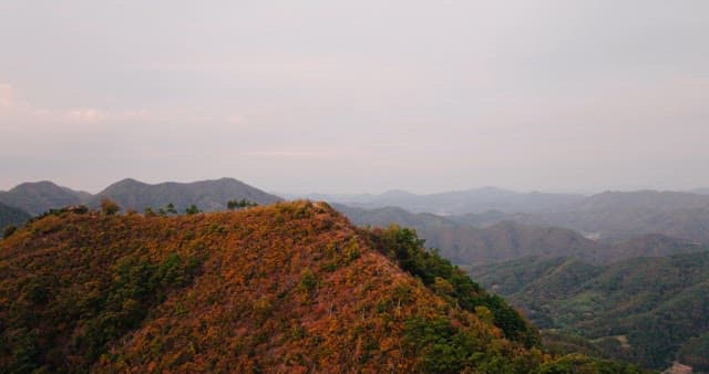황혼이 내려앉은 고요한 산의 풍경