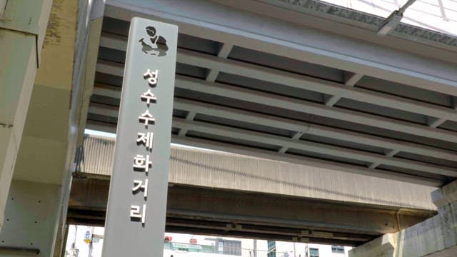 Under a bridge with a street sign