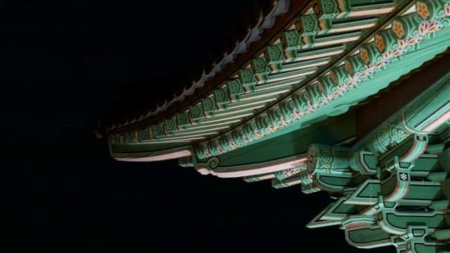 Traditional architecture illuminated at night