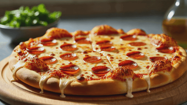 Freshly baked pepperoni pizza with melted cheese