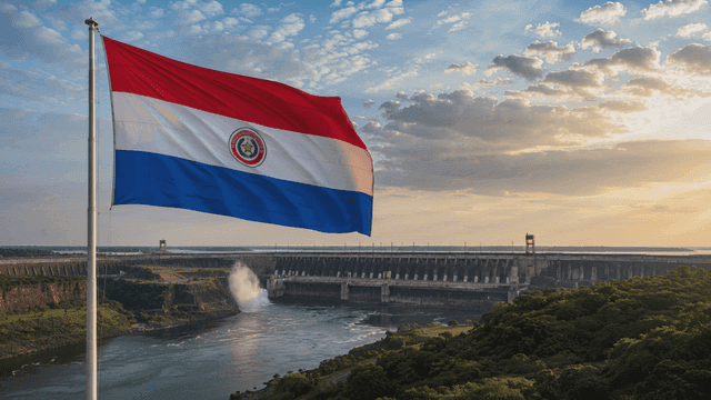 Paraguayan flag fluttering in wind and large dam