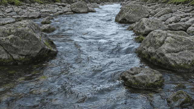 Flowing river with mossy rocks