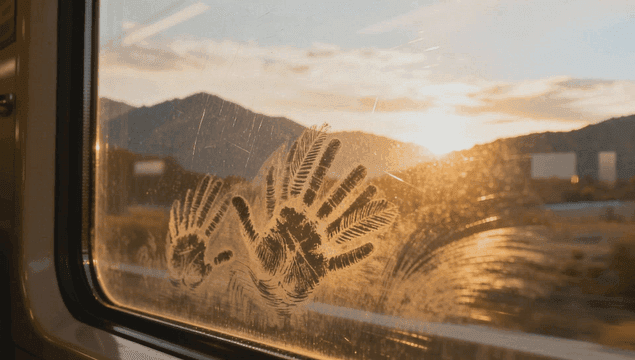 일몰에 기차 창문에 찍힌 손자국