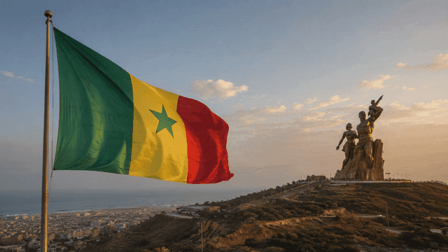Large statue and fluttering Senegalese flag at sunset