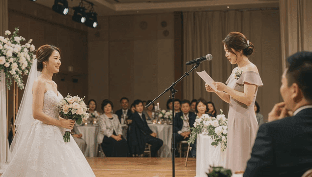 A wedding ceremony with a bride and speech