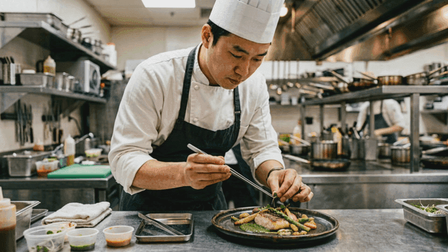 Chef preparing a gourmet dish in a kitchen