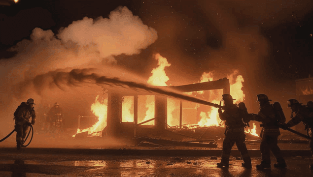 Firefighters pouring water on large building fire