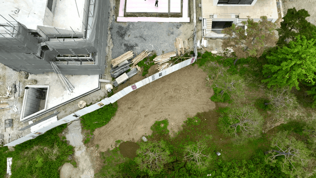 나무로 둘러싸인 건설현장