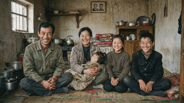 Smiling North Korean family sitting together in old room