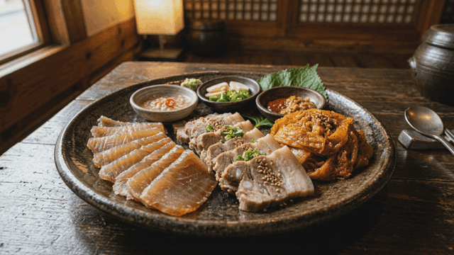 Samhap with kimchi, skate, and bossam