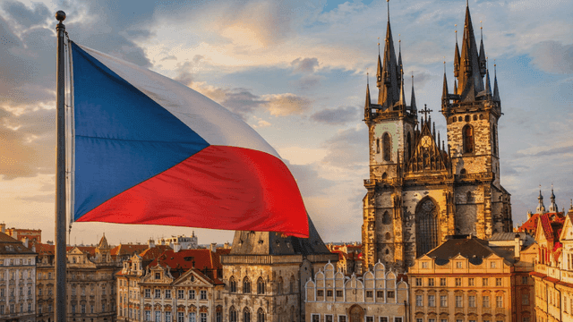 Historic European landscape with Czech flag flying