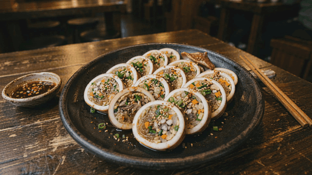 Stuffed squid dish on a wooden table