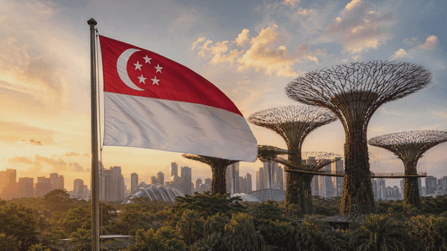 Singapore skyline with national flag