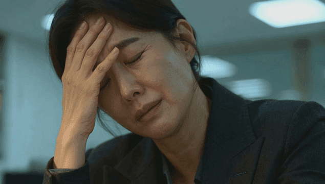 Stressed office worker holding her head