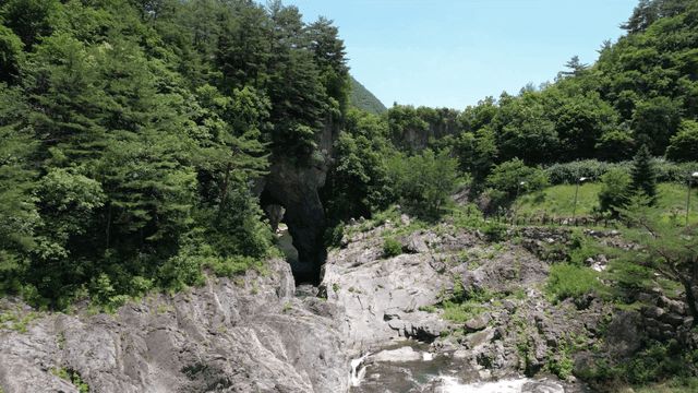 Clear valley water flowing between green forest cliffs