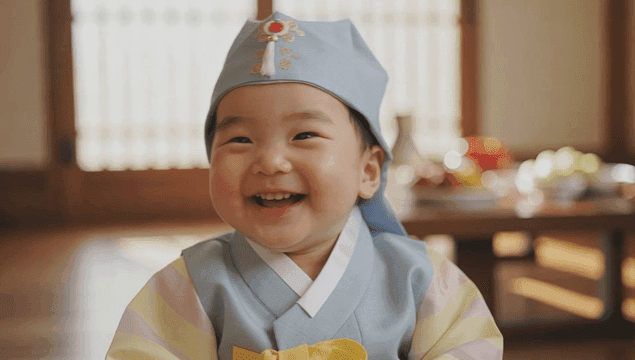 전통 한복을 입고 웃고 있는 아기