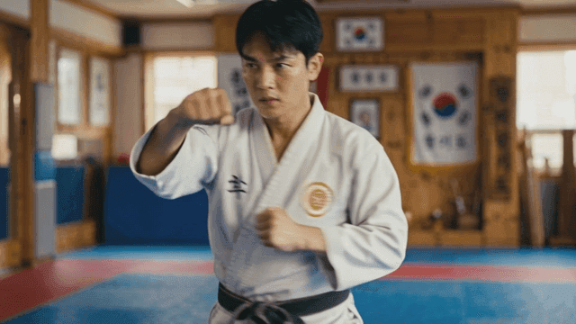 Martial artist practicing Taekwondo at dojo