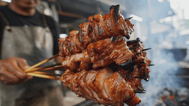 Grilled skewers being cooked over charcoal