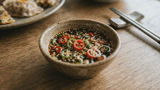 Soy sauce with sliced chili peppers