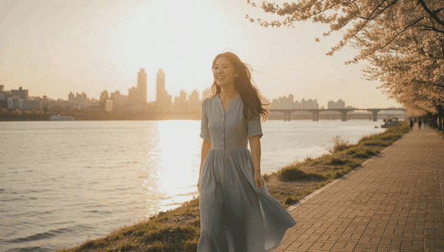 해질녘 강변을 걷는 여성