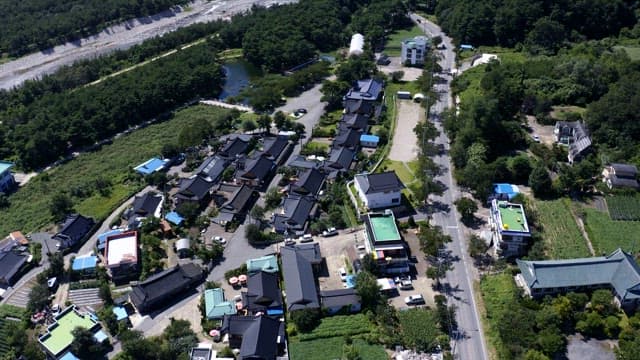 Small town with traditional houses on a sunny day