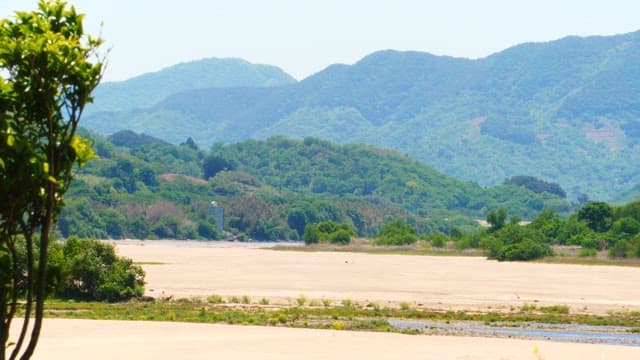 Wide sandy riverbed surrounded by green mountains under clear sky