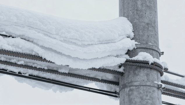 눈 덮인 전신주와 전선