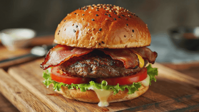 Juicy burger with bacon and cheese