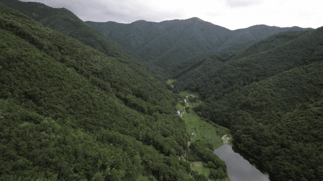 작은 집이 있는 푸른 산과 고요한 강