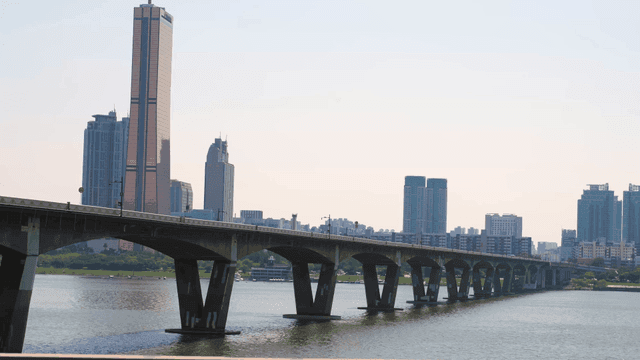 City buildings and bridges crossing river