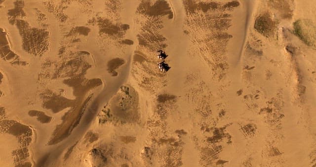 Camels and people crossing a vast desert