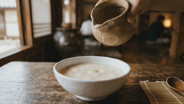 Pouring makgeolli into a bowl indoors