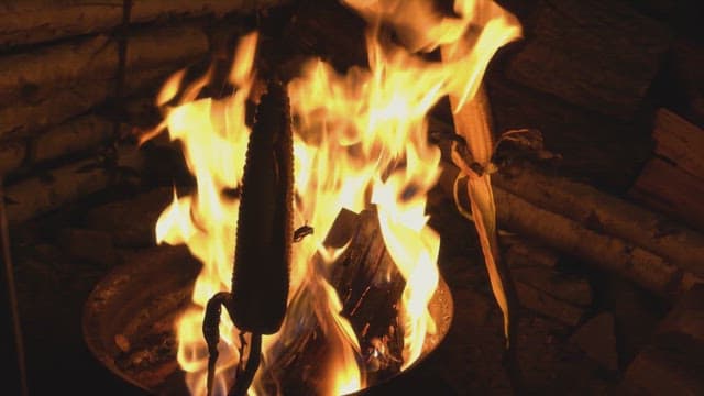 불 위에서 구워지는 옥수수