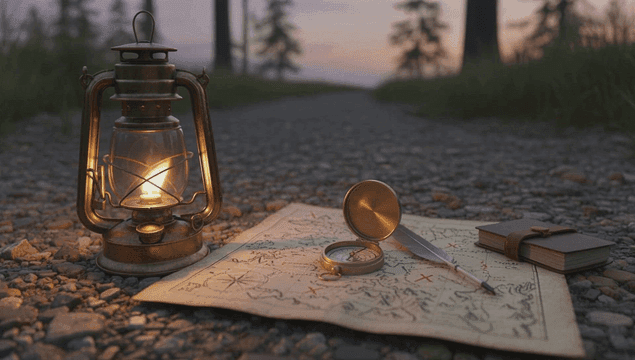 해질녘 숲길에 놓인 랜턴과 지도