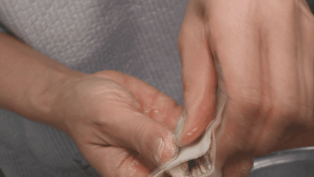 Hands making dumplings with filling