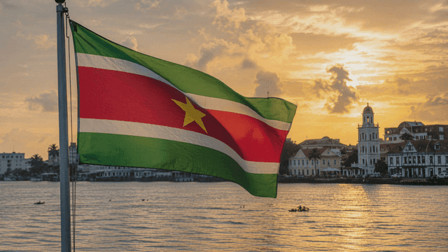 Suriname flag fluttering at sunset by river
