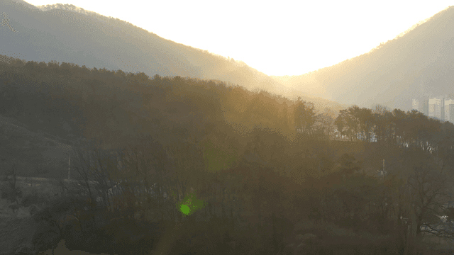 Sun setting over forest and distant hill
