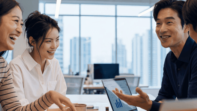Colleagues discussing work in a bright office