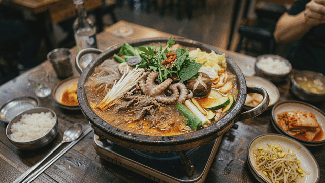 Seafood hot pot with various ingredients