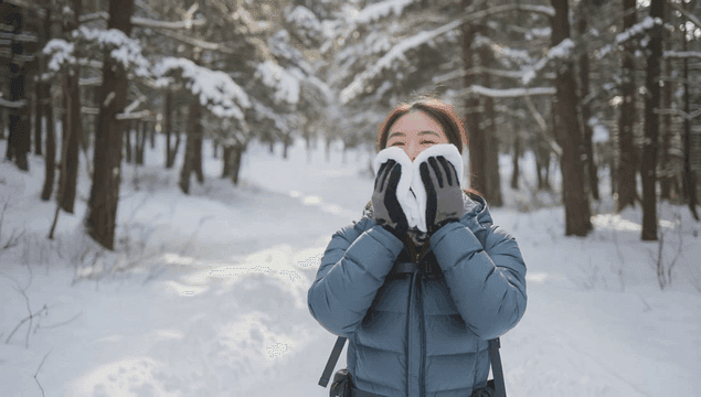 눈 덮인 숲에서 내려오는 등산객 여성