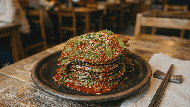 Seasoned perilla leaves piled on plate