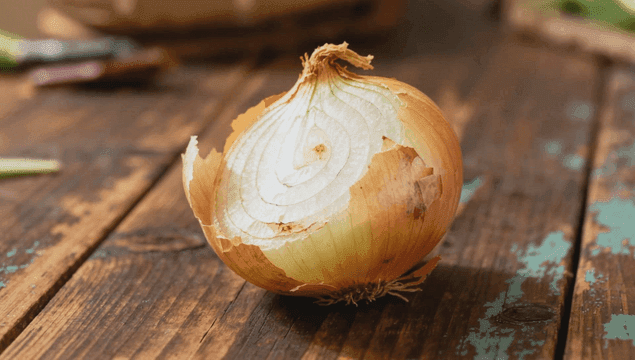 소박한 나무 테이블 위의 신선한 양파
