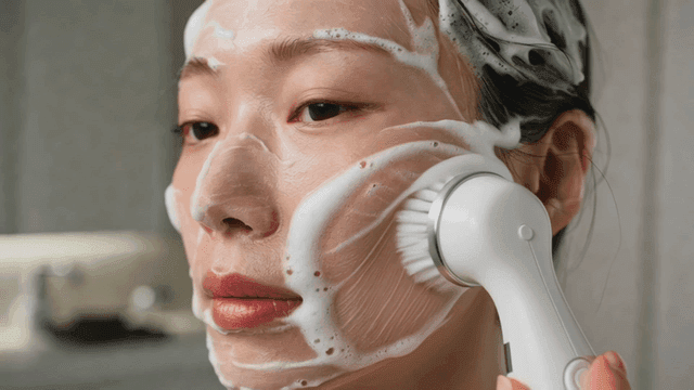 Women using electric facial cleansing brush