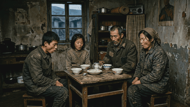 North Korean family sharing meager meal together