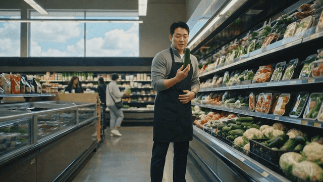 Grocery store worker organizing vegetables
