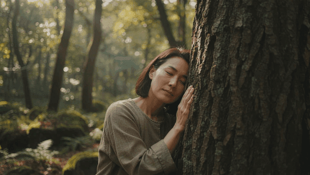 고요한 숲에서 나무를 안고 쉬는 평온한 여성