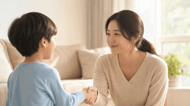 Woman and child warmly shaking hands